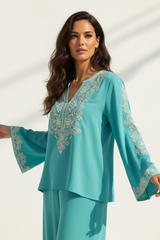 Boho Embroidered Blouse in Ocean Aqua - Three Quarter Fabric Flowing