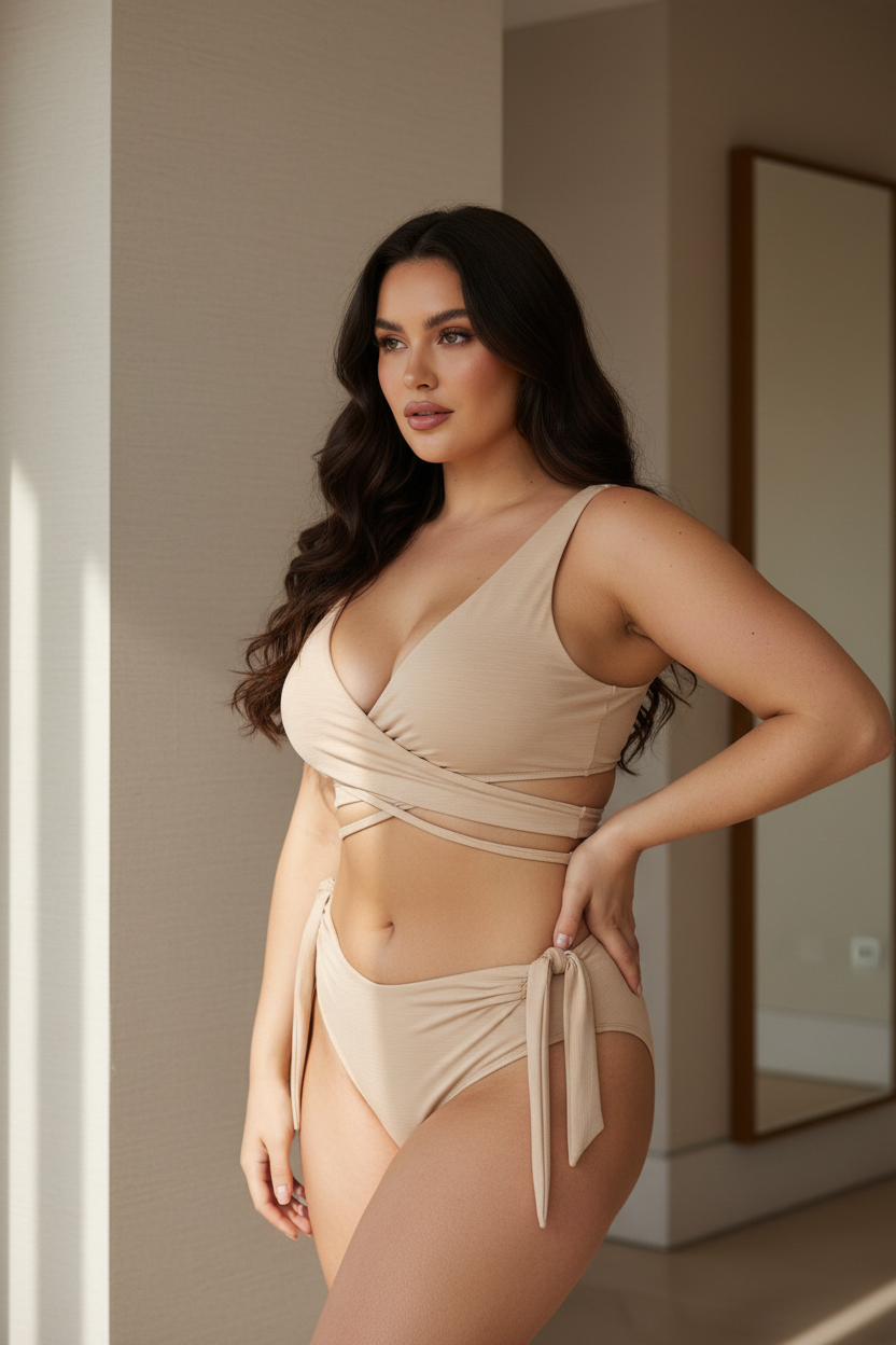 Luxe Wrap Bikini Set in Soft Beige – three-quarter pose