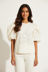 Puff-Sleeve Blouse in Floral Cream - Front Pose