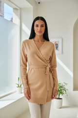 Luxury wrap sweater in Soft Sand Beige, front facing pose