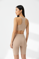 Seamless Sports Bra & Biker Shorts Set in Beige Nude — Back View