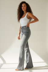 Premium Women's Flared Denim Pants in Soft Grey - Three Quarter View