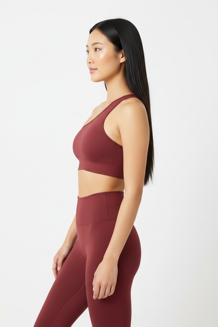 One-Shoulder Sports Bra & Seamless Sculpt Leggings Set in Wine Red — Side Profile