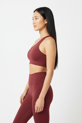 One-Shoulder Sports Bra & Seamless Sculpt Leggings Set in Wine Red — Side Profile