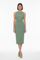 Women's elegant midi skirt set in sage green, front-facing pose