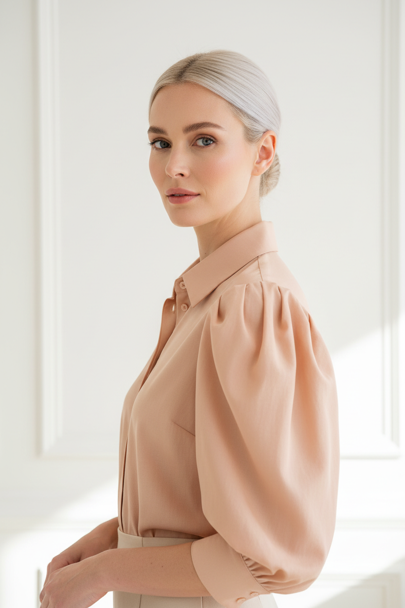 Luxury puff-sleeve shirt in Soft Peach Nude, three-quarter turn pose