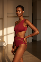 Luxe One-Shoulder Cutout Swimsuit in Wine Red – three-quarter pose