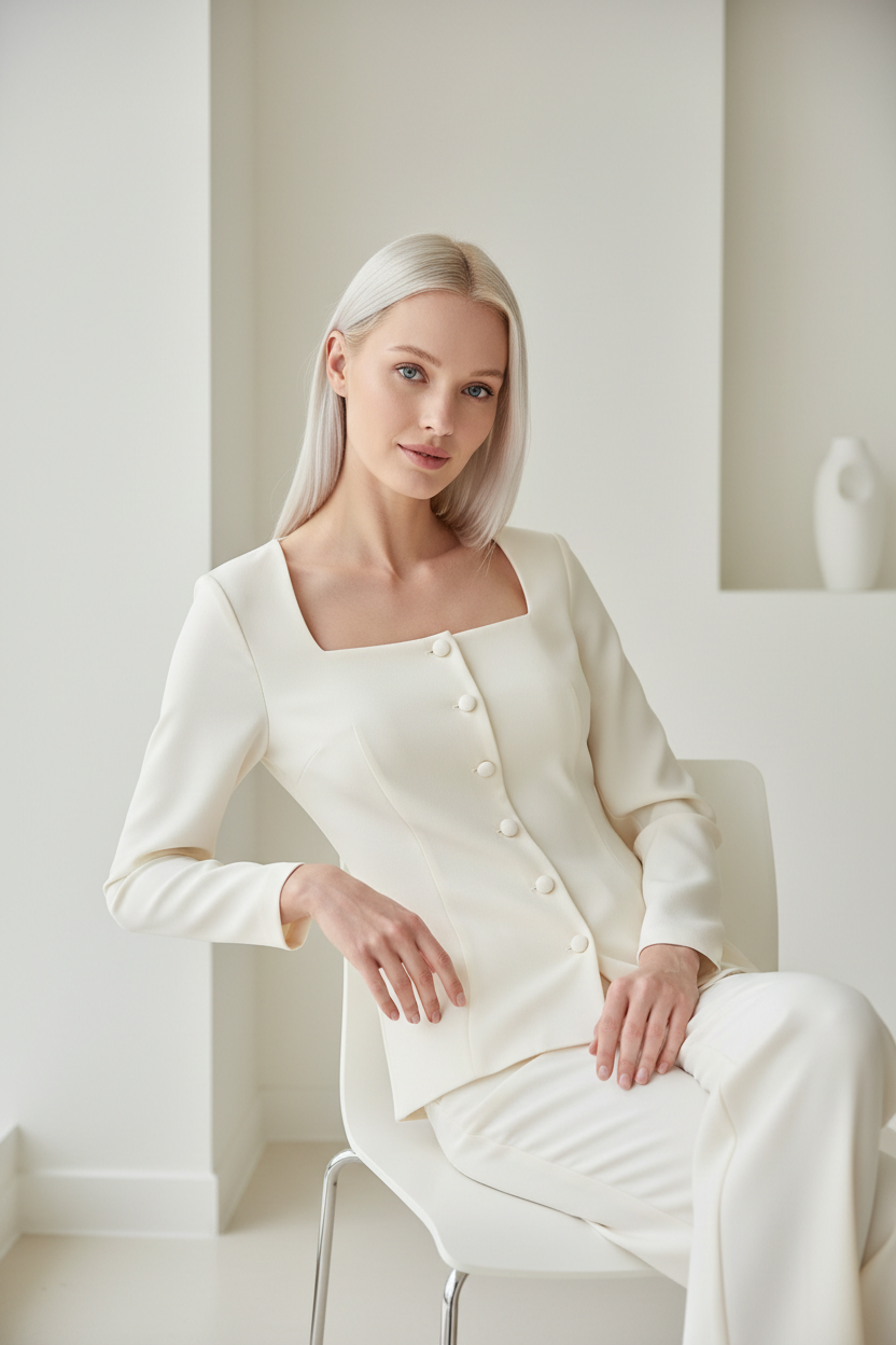 Square-Neck Blouse in Vanilla Cream - Seated Pose
