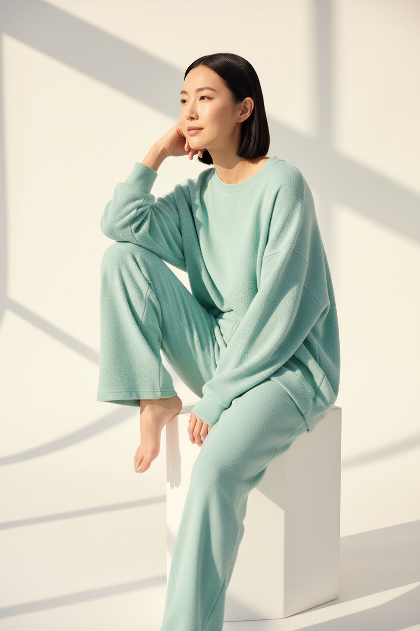 Luxury Oversized Sweatshirt Lounge Set — Soft Mint Green, Seated on Stool