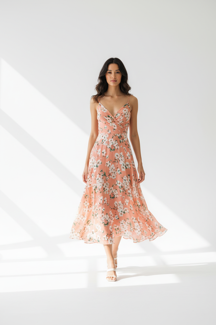 Luxury Floral Midi Dress in Floral Peach - walking pose