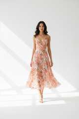Luxury Floral Midi Dress in Floral Peach - walking pose