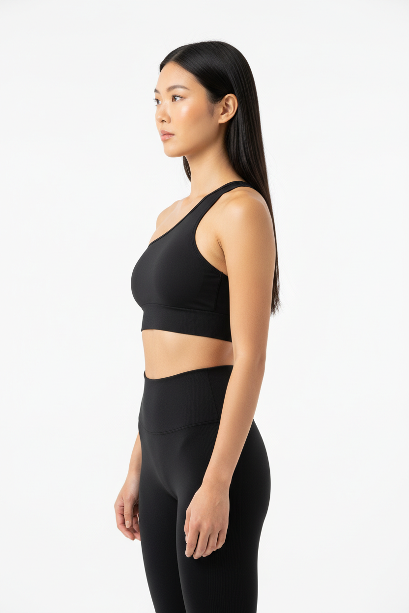 One-Shoulder Sports Bra & Seamless Sculpt Leggings Set in Matte Black — Side Profile