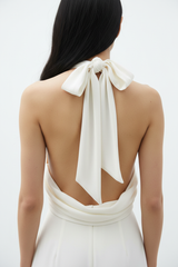 Luxury backless halter romper in Ivory White – tie-back detail close-up