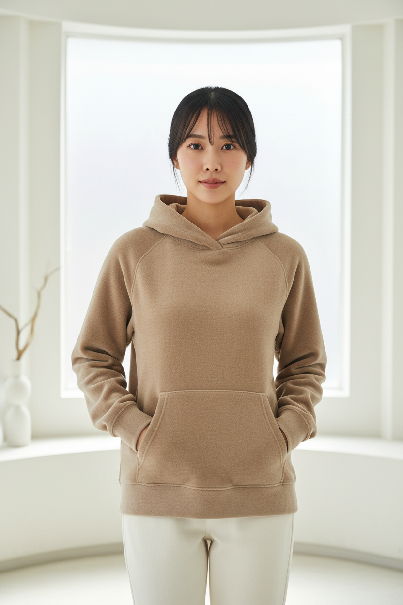 Luxury pullover hoodie in Stone Sand, front facing pose