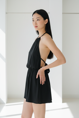 Luxury backless halter romper in Matte Black – side profile