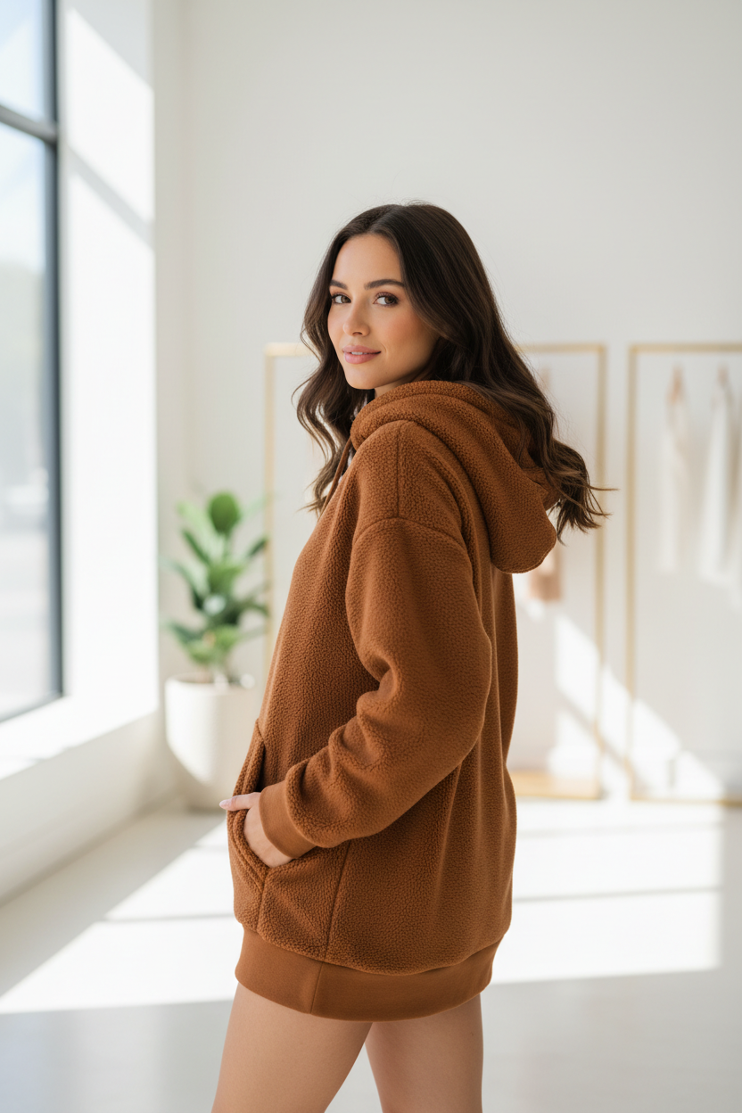 Premium Oversized Hoodie in Burnt Caramel — Over-shoulder pose, boutique style