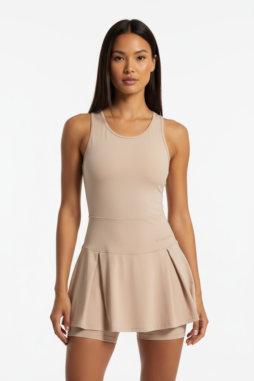 Women's tennis active dress in Soft Beige - front view