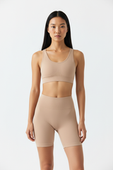 Seamless Sports Bra & Biker Shorts Set in Beige Nude — Front Full-Body