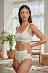 Luxe Ribbed High-Waist Bikini Set in Ivory White – three-quarter pose
