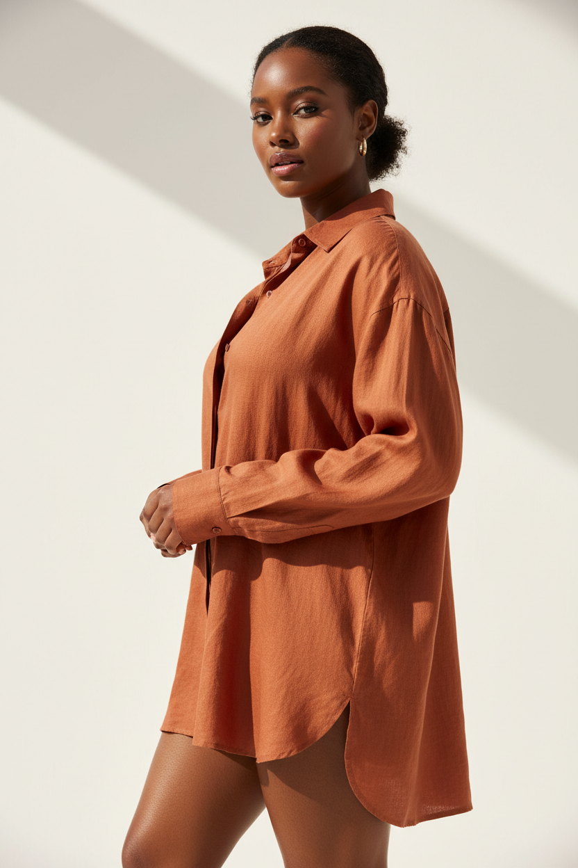 Luxury linen oversized shirt in Terracotta Clay, three-quarter turn pose