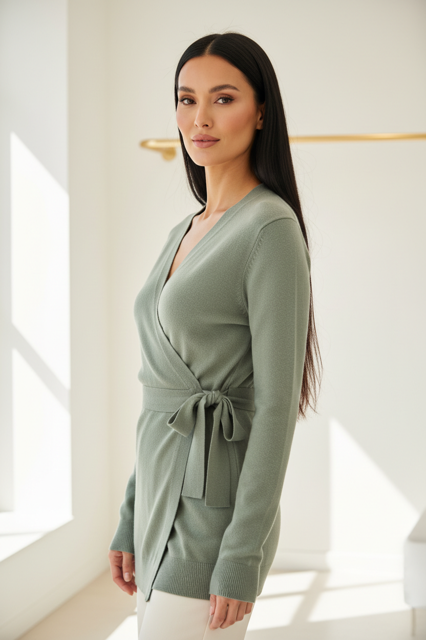 Luxury wrap sweater in Dusty Sage, three-quarter turn pose