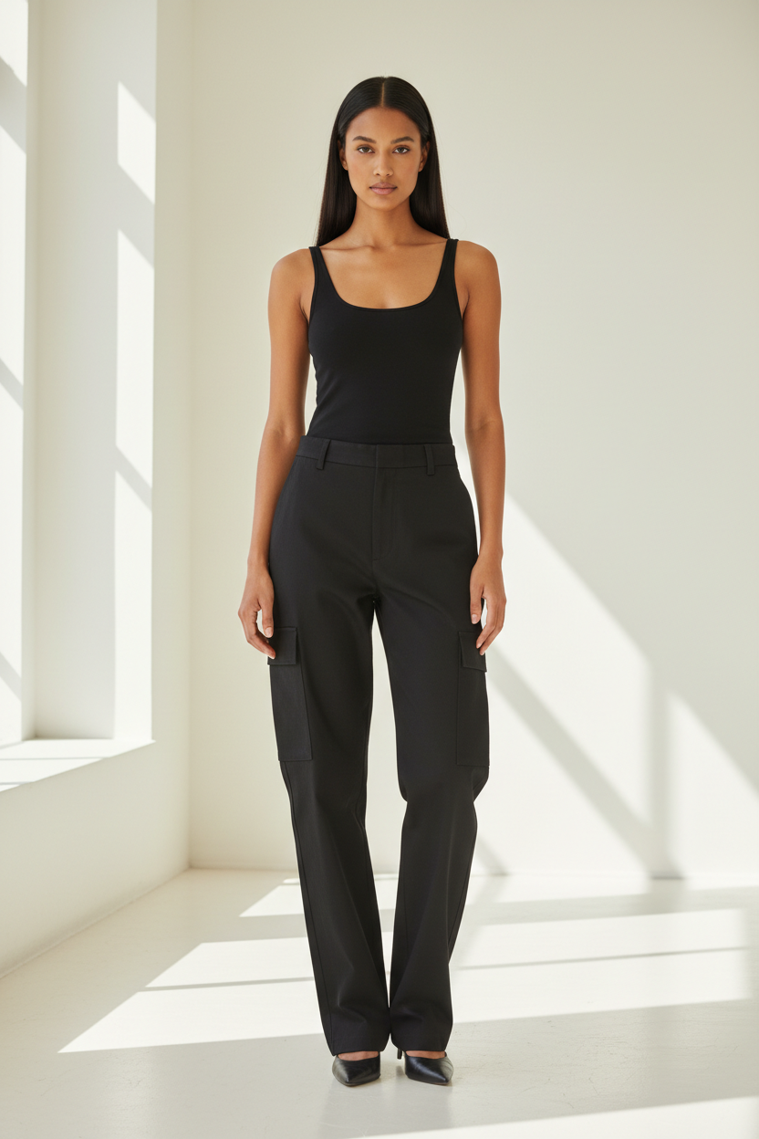 Premium Women's Luxury Cargo Pants in Matte Black - Front View