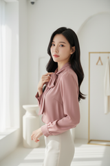 Tie-Neck Blouse in Rosewood Pink - Three Quarter Touching Bow Tie