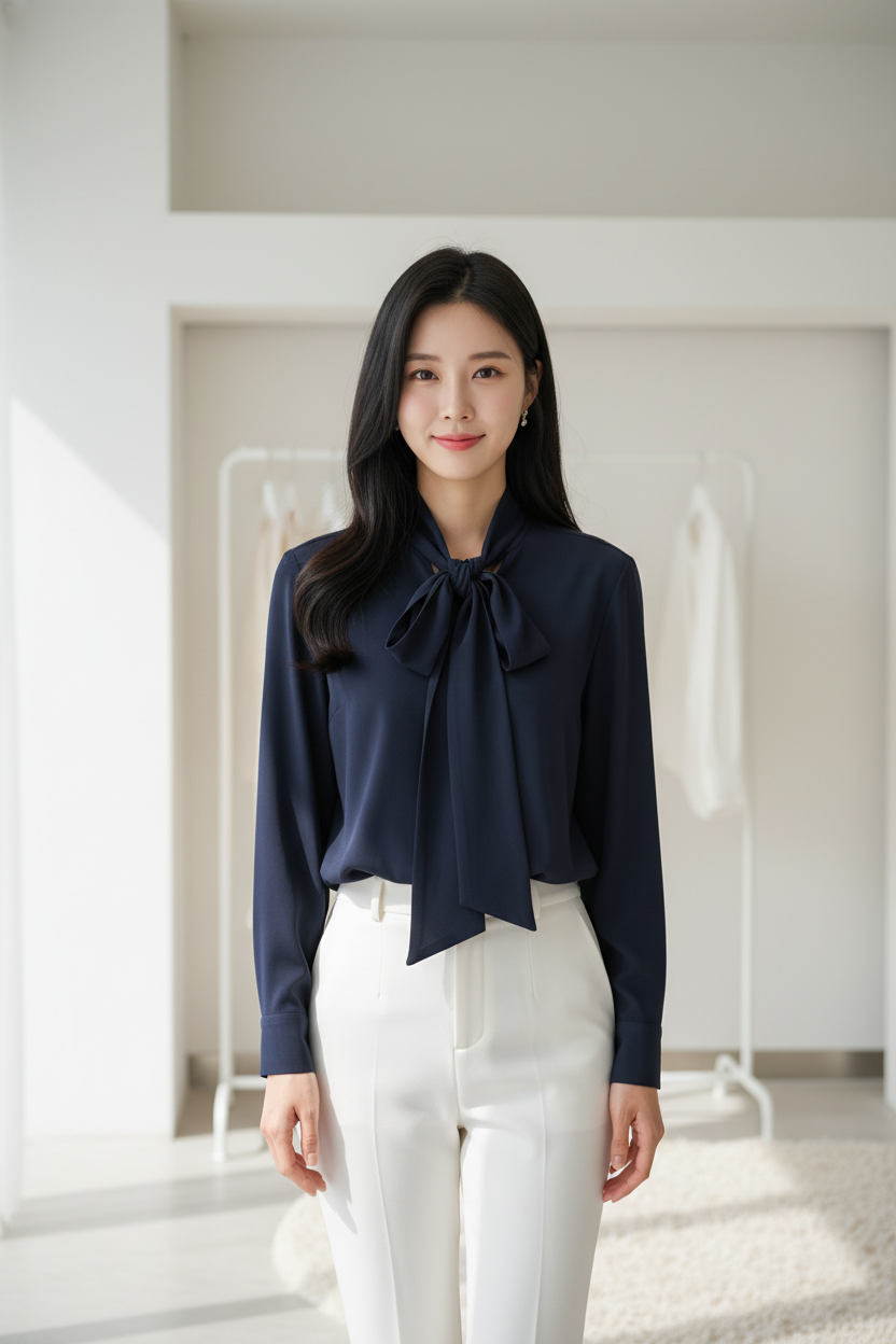 Tie-Neck Blouse in Midnight Navy - Front Pose