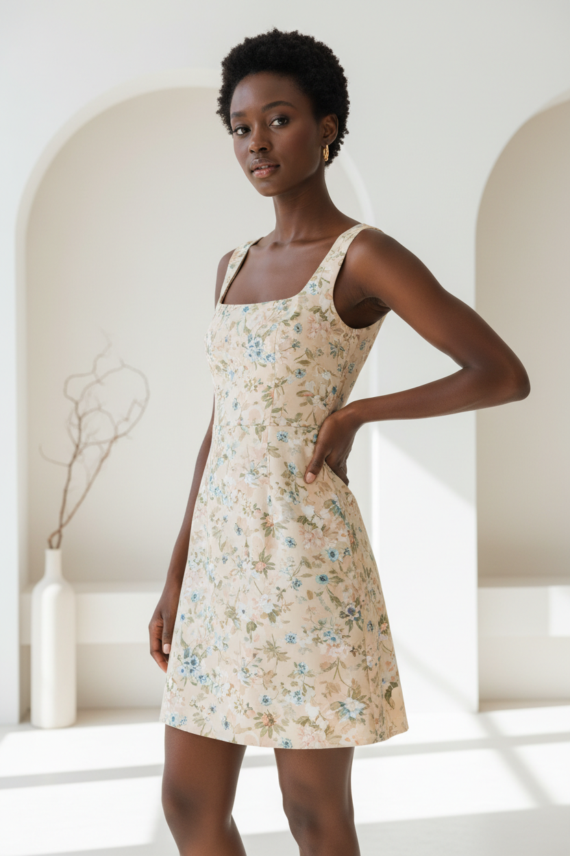 Luxury Square-Neck Mini Dress in Floral Beige - hand on hip pose