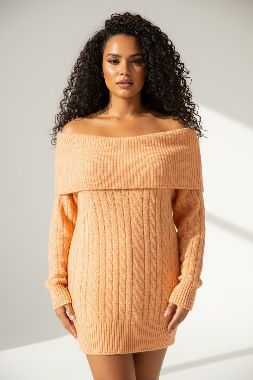 Luxury off-shoulder sweater in Warm Apricot, front facing pose
