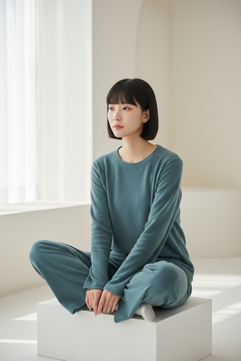 Luxury Soft-Touch Lounge Separates — Smoky Teal, Seated Cross-Legged
