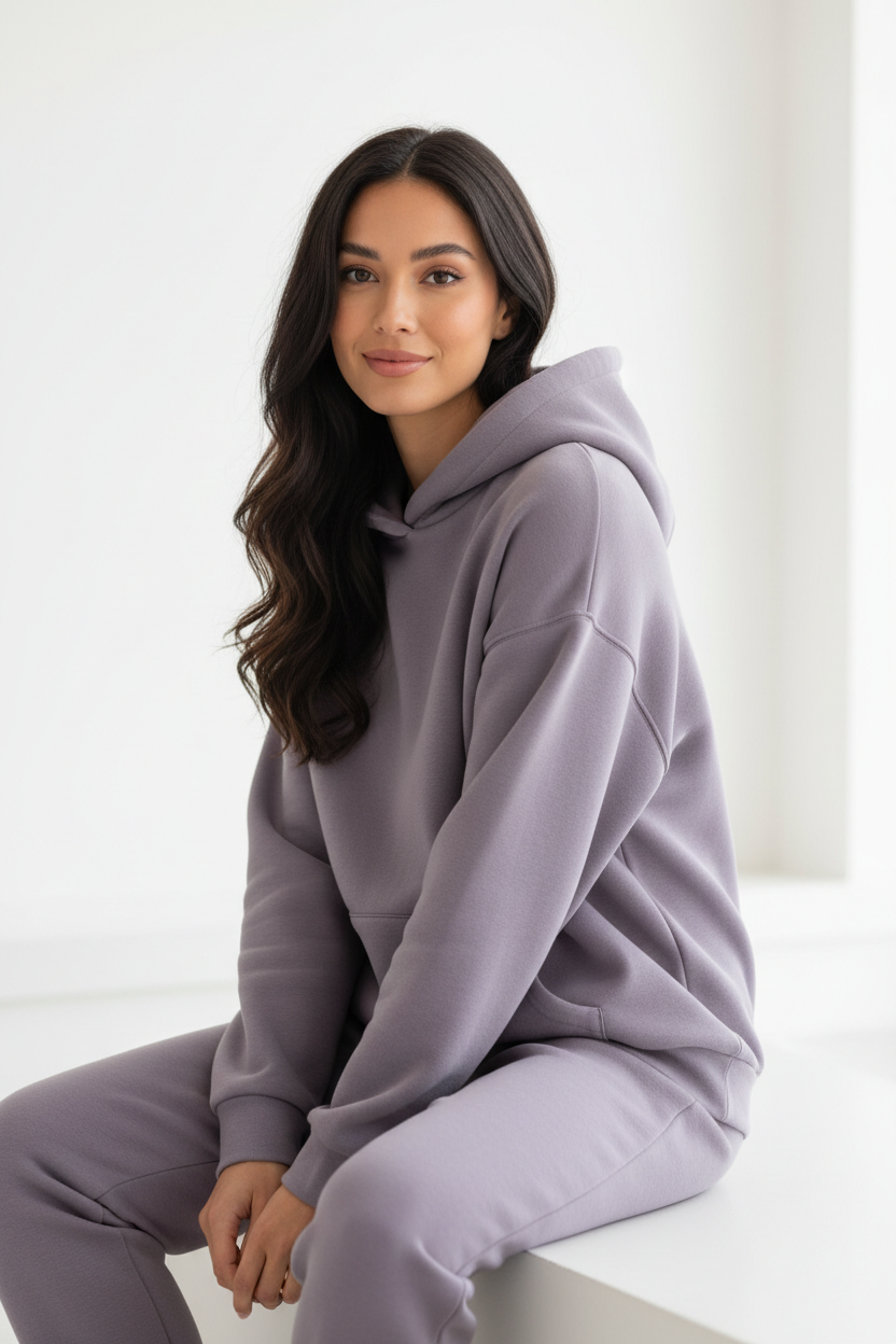 Premium Oversized Hoodie in Smoky Lavender — Sitting casual pose, premium fleece