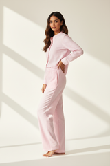 Luxury Striped Cotton Pajama Set — Soft Pink Stripe, Side Profile Pose