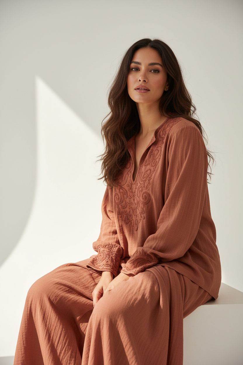 Boho Embroidered Blouse in Desert Clay - Seated Fabric Flowing