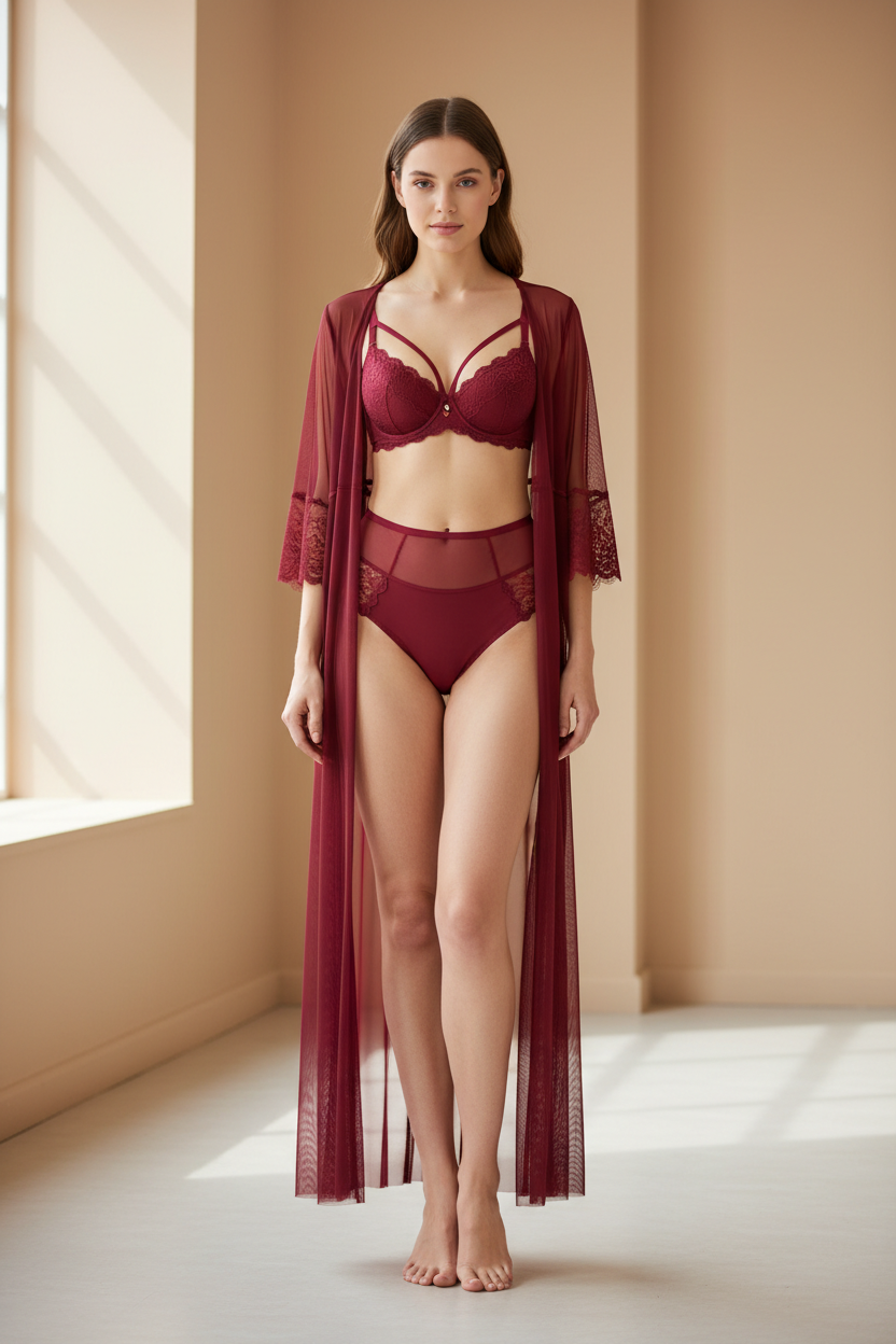 Elegant Luxury Lace Fashion Set in Deep Wine Red - Front View