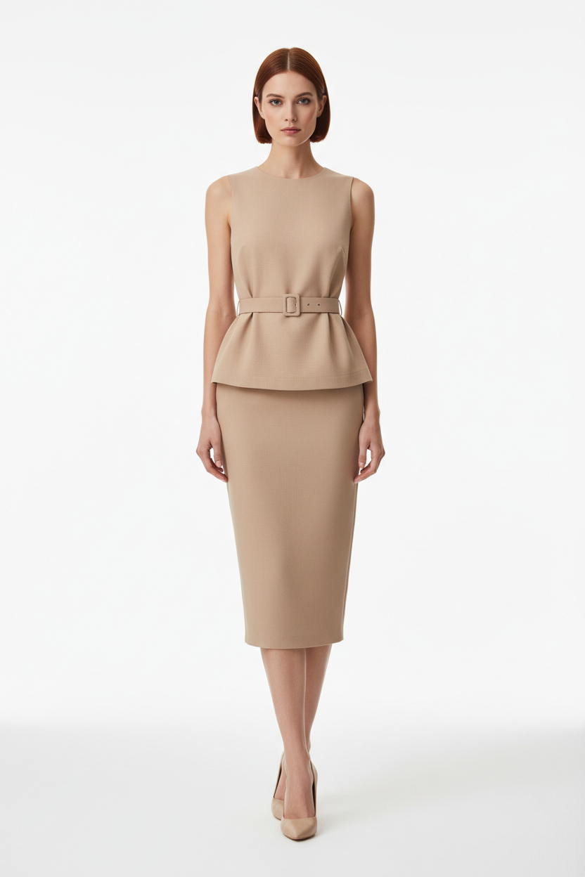 Women's elegant midi skirt set in beige nude, front-facing pose