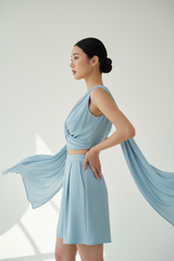 Ice Blue Draped Crop Top Shorts Set – Side Pose