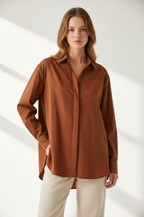 Oversized cotton shirt in Burnt Cinnamon, front facing pose