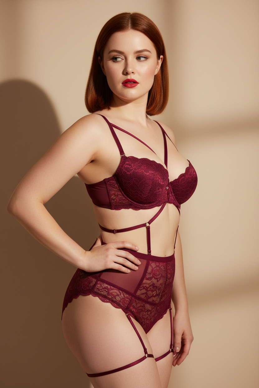 Deep Burgundy Floral Lace Push-Up Lingerie Set – Three Quarter Turn