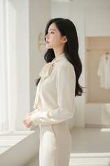 Tie-Neck Blouse in Soft Buttercream - Side Profile