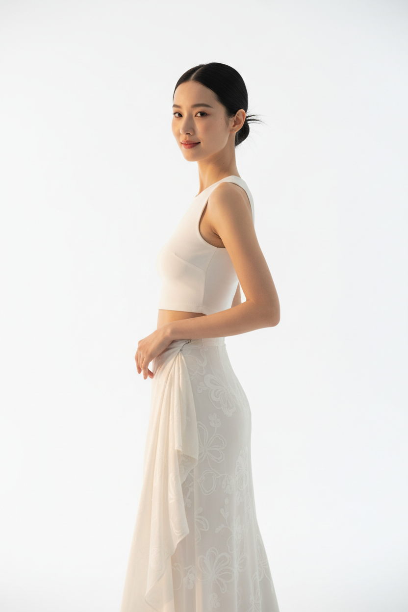Women's floral wrap skirt set in floral white, three-quarter turn pose