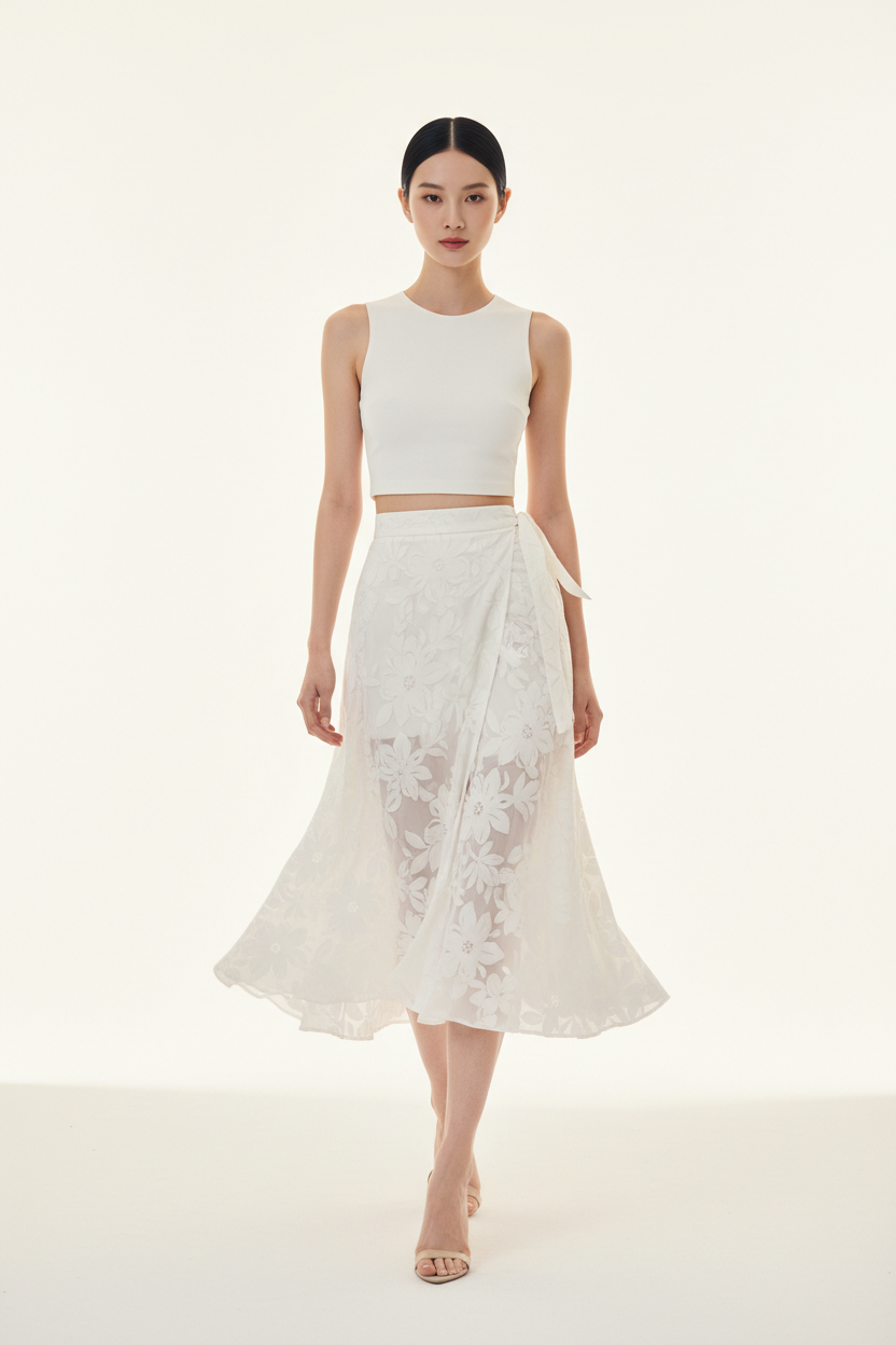 Women's floral wrap skirt set in floral white, graceful walking pose