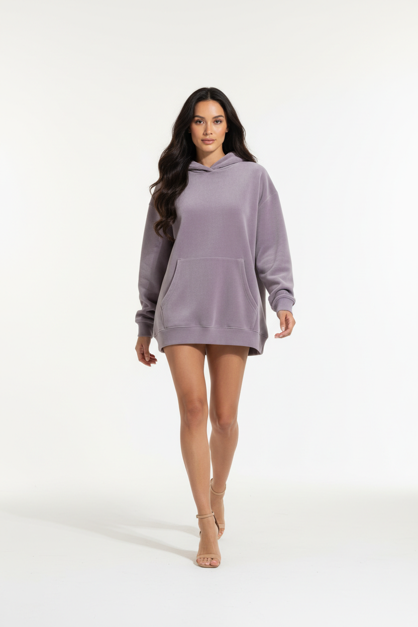 Premium Oversized Hoodie in Smoky Lavender — Walking pose, feminine streetwear