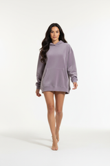 Premium Oversized Hoodie in Smoky Lavender — Walking pose, feminine streetwear