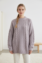 Luxury cable-knit sweater in Frosted Lavender, front facing pose