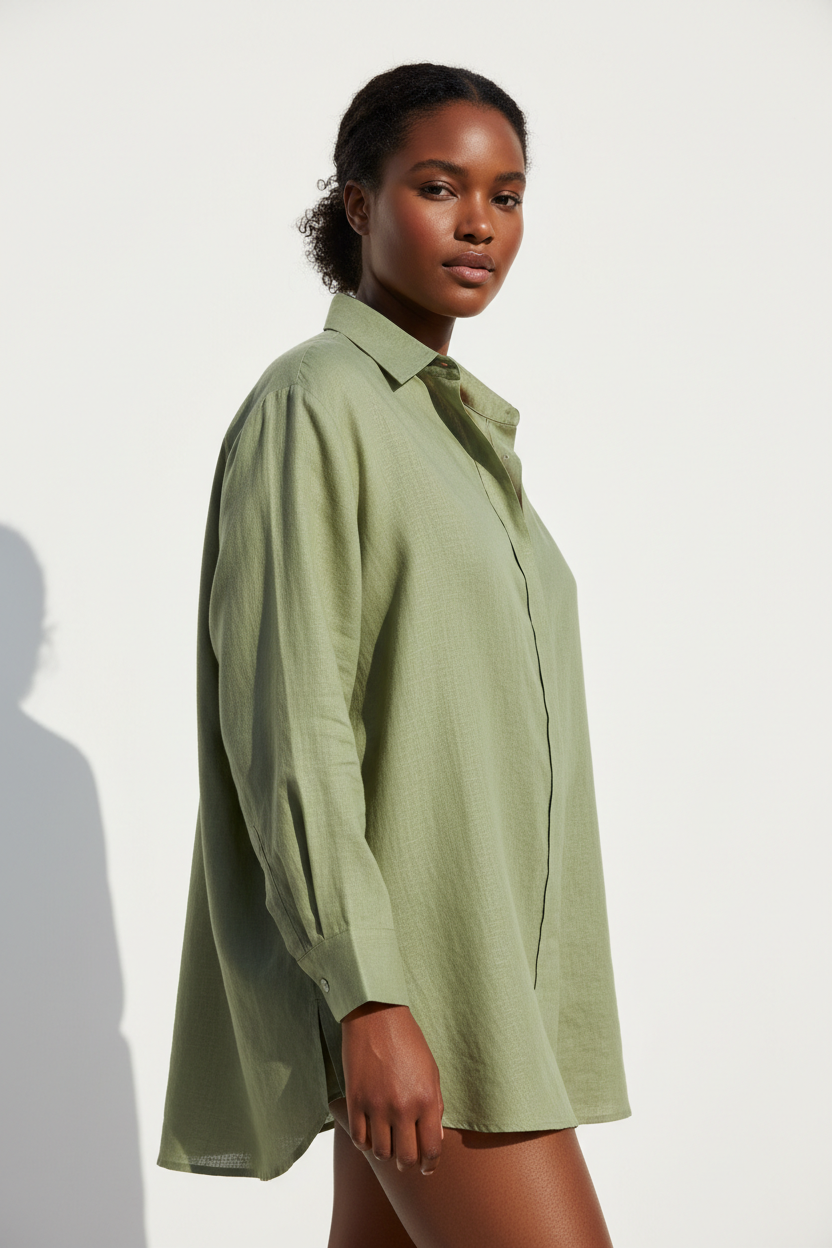 Luxury linen oversized shirt in Soft Moss Green, three-quarter turn pose