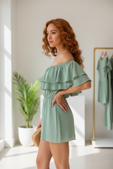 Luxury off-shoulder romper in Sage Green – side profile