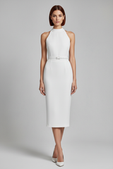 Women's elegant midi skirt set in white, front-facing pose