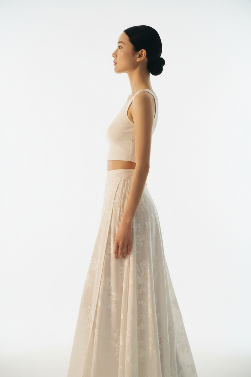 Women's floral wrap skirt set in floral white, side profile pose