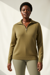 Luxury zip-neck sweater in Olive Khaki, front facing pose